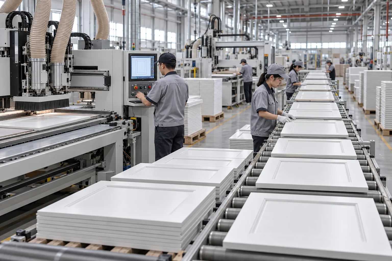 A cabinet factory production line with rows of identical white kitchen cabinet doors being processed.