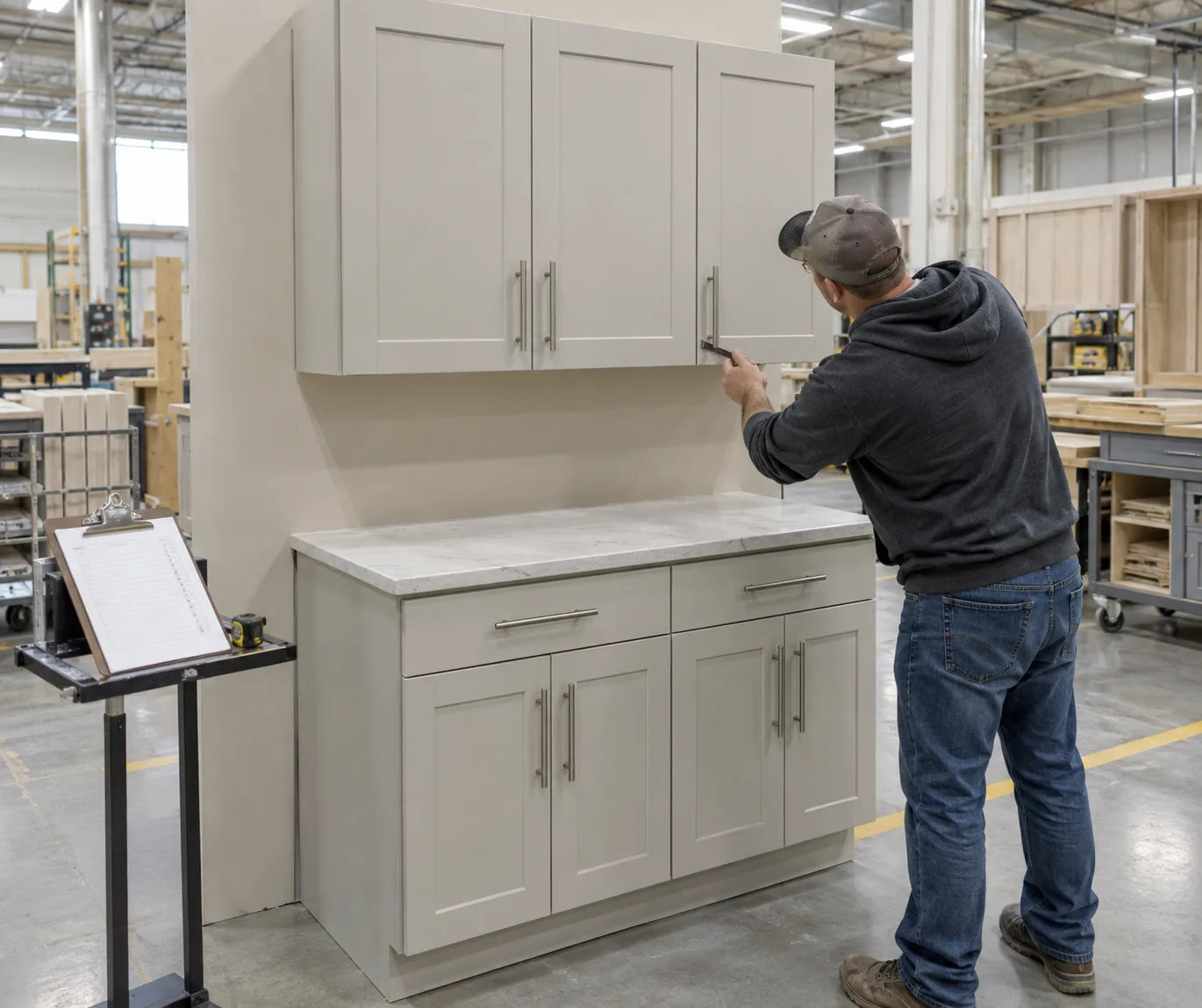 Trial assembly check of cabinet door gaps and alignment in the factory.