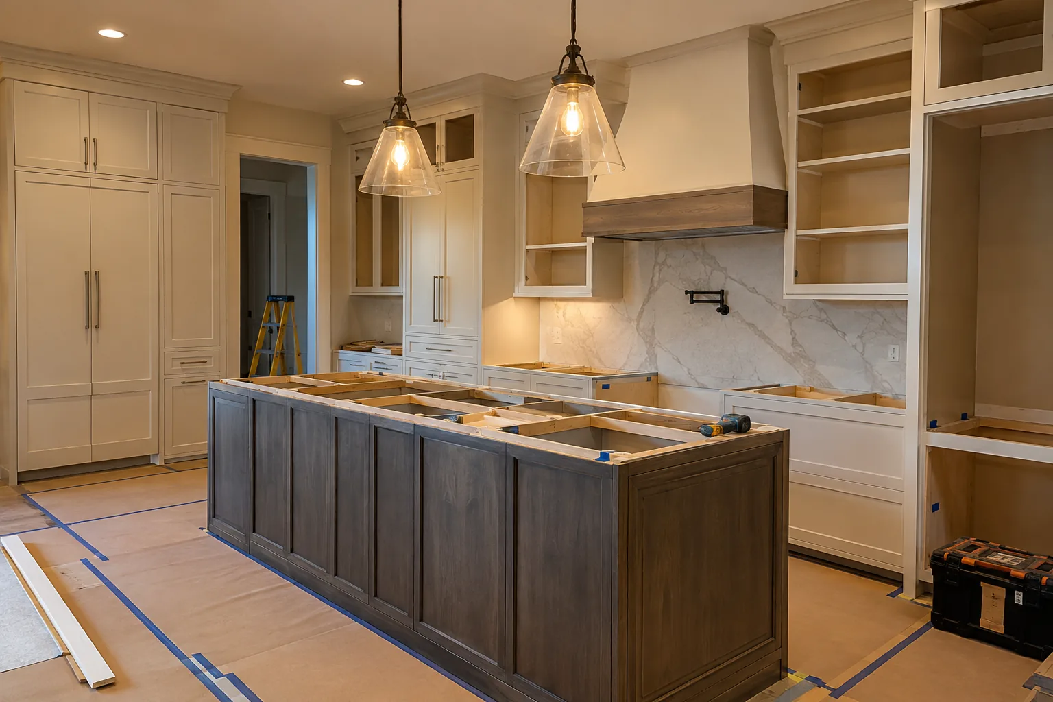 AI-generated custom kitchen fit-out concept with floor-to-ceiling cabinets and a large island under installation.