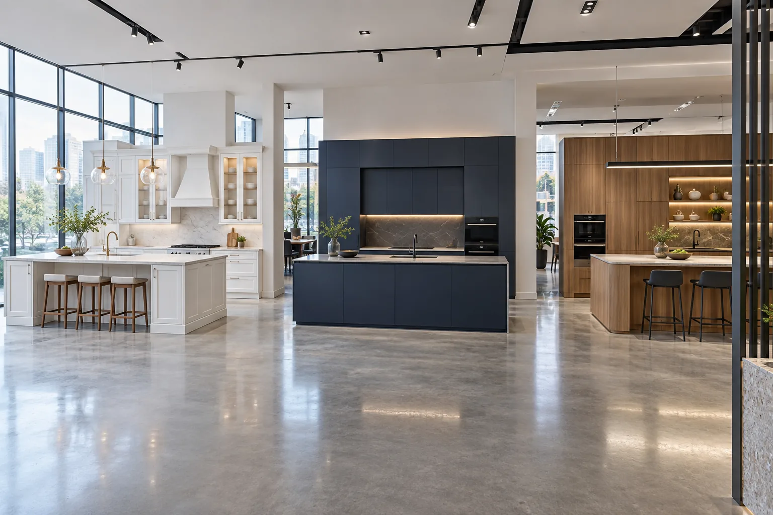 AI-generated kitchen showroom concept with white shaker, navy handleless, and warm wood-veneer cabinet displays.
