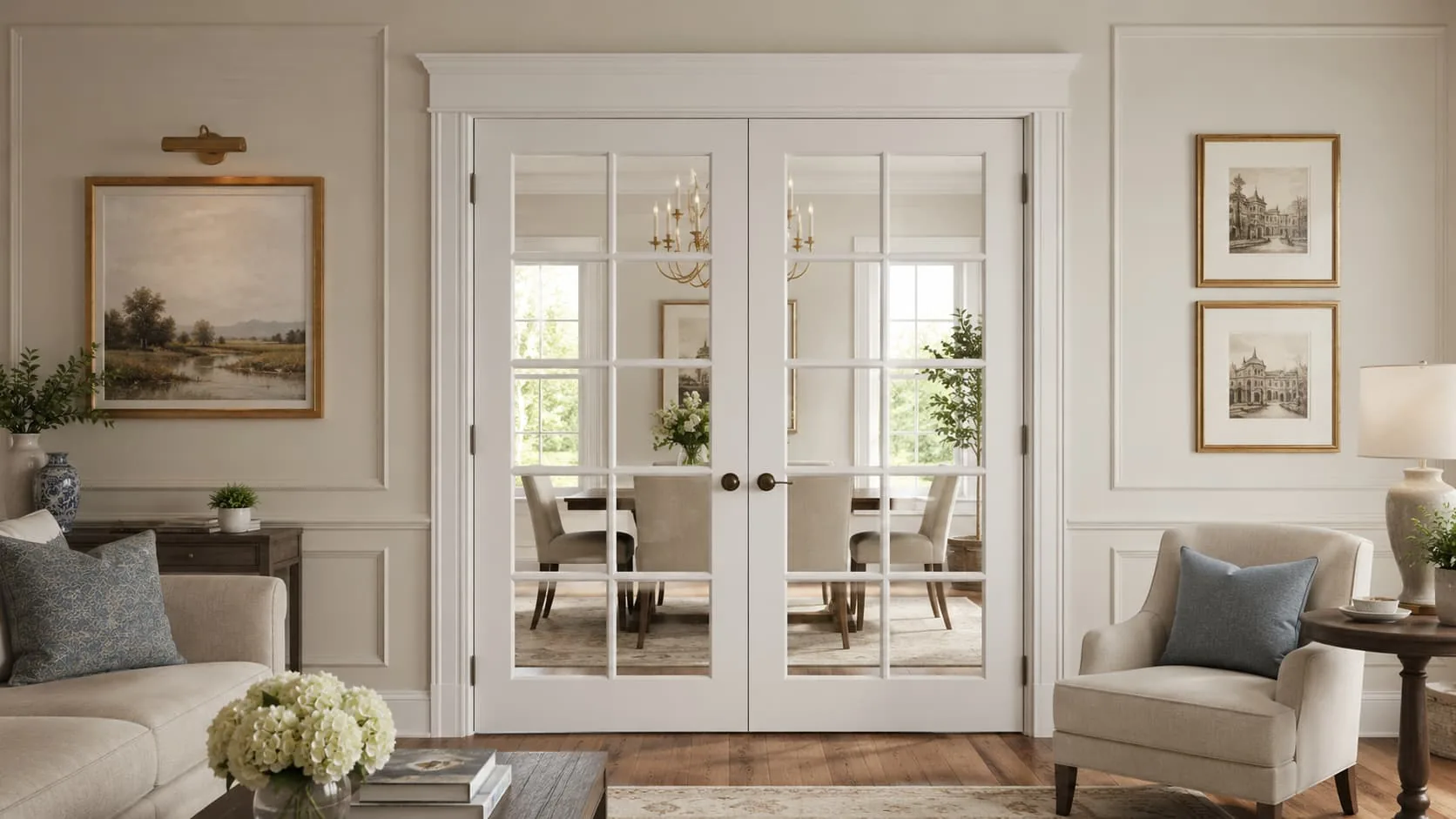 Custom white-painted French doors with divided lites between a traditional living room and dining room