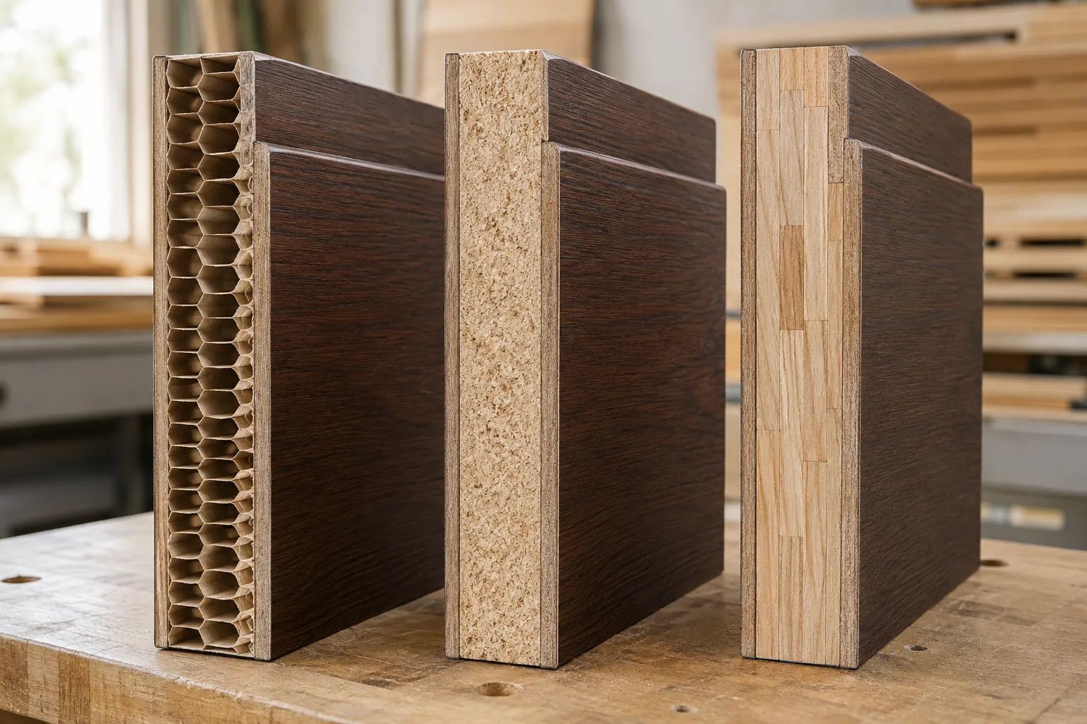Cutaway corner samples of door leaves on a workbench showing a honeycomb hollow core, a dense solid core, and an engineered timber core side by side