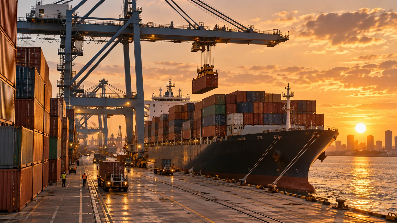 Container terminal at golden hour, a gantry crane loading a cargo ship stacked with shipping containers.