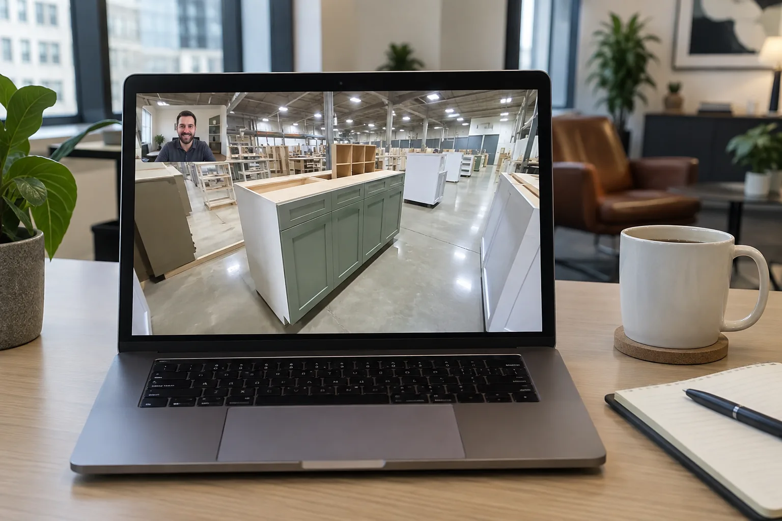Live video inspection of finished kitchen cabinet units before shipment.