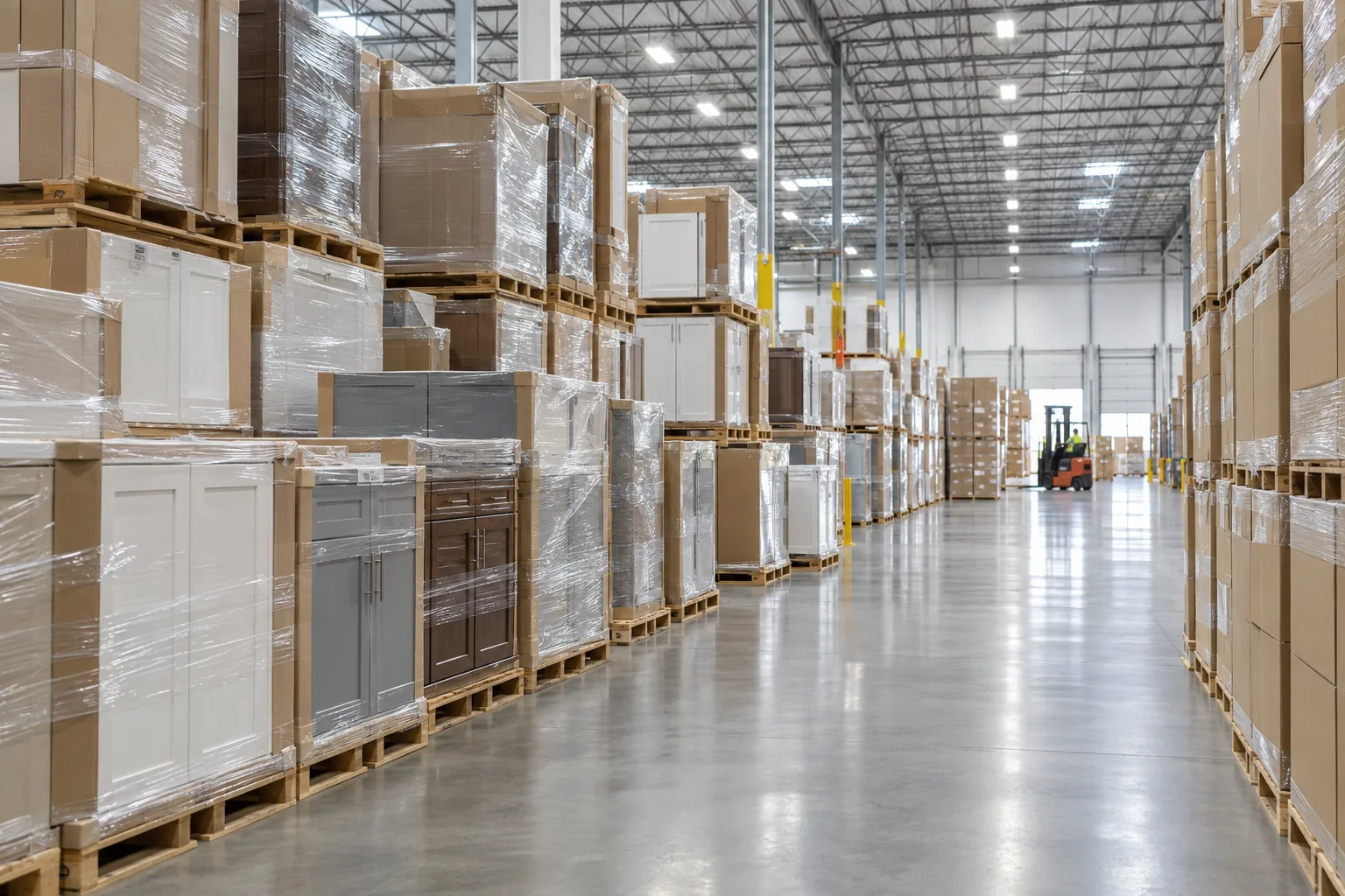 Rows of stacked kitchen cabinet cartons and wrapped cabinet units on pallets in a large bright warehouse.